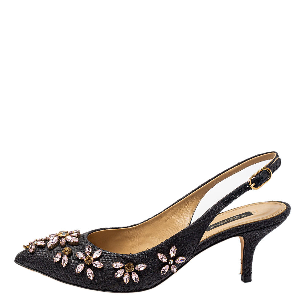 

Dolce & Gabbana Black Leather Embellished Slingback Pumps Size