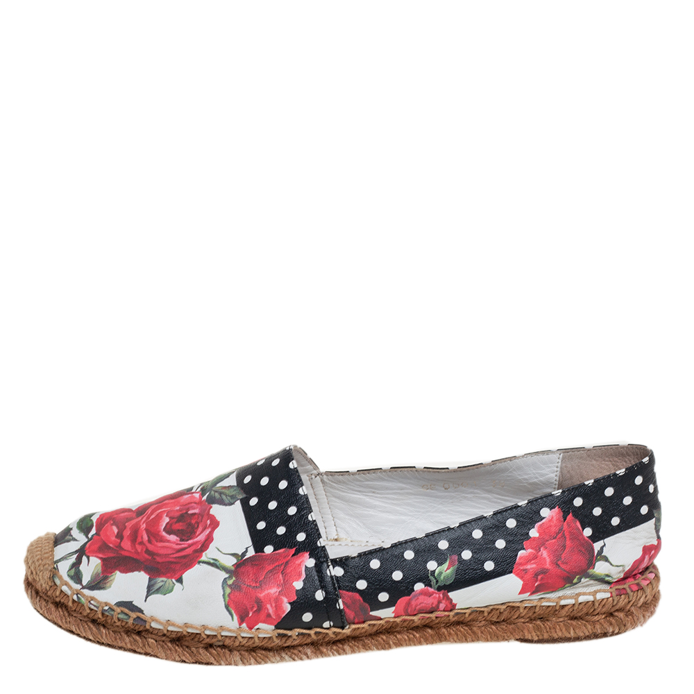 

Dolce & Gabbana White Floral Print Leather Espadrille Flats Size