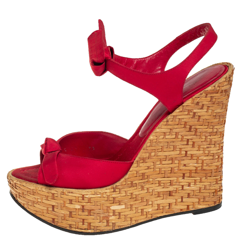 

Dolce & Gabbana Red Canvas Wedge Ankle Strap Sandals Size
