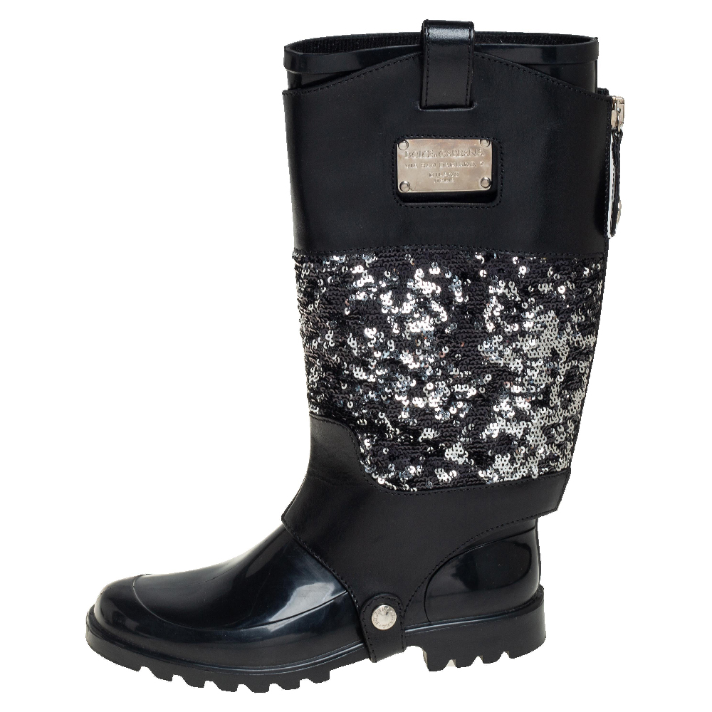 

Dolce & Gabbana Black Rubber with Sequin Embellished Leather Wellington Rain Boots Size