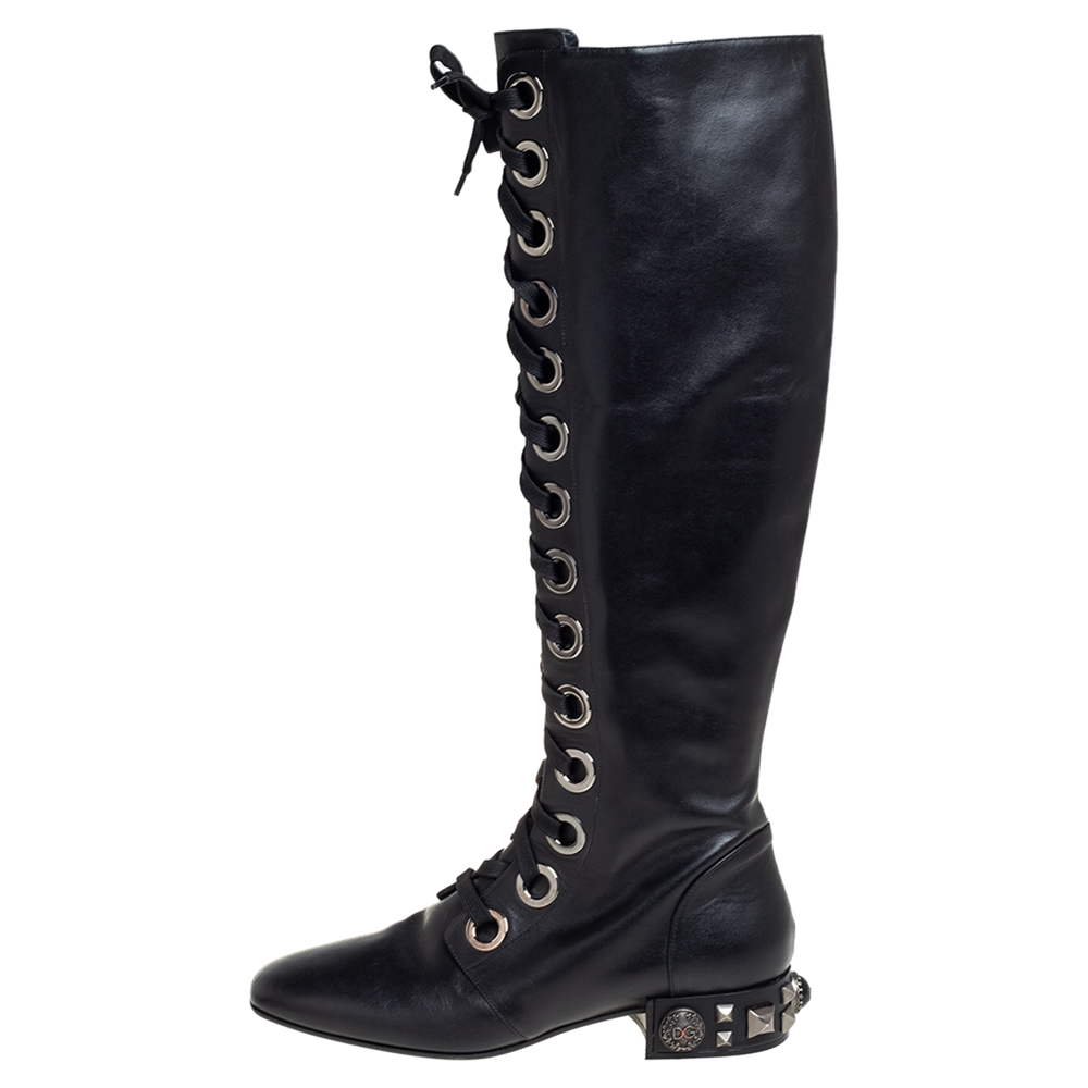 

Dolce & Gabbana Black Leather Jackie Lace Up Knee Length Boots Size