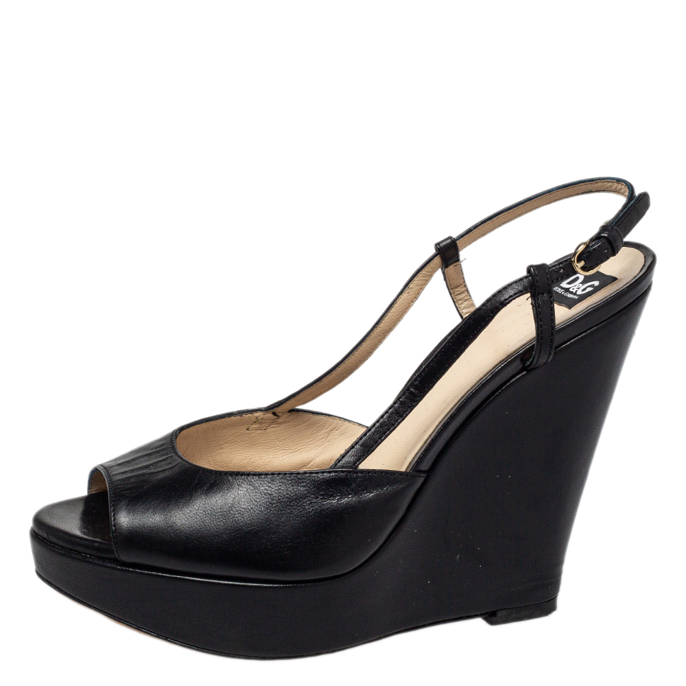 

Dolce & Gabbana Black Leather Slingback Wedge Sandals Size