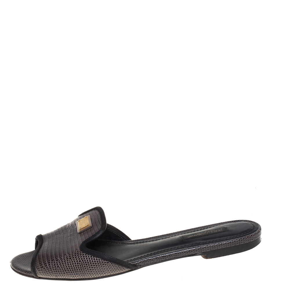 

Dolce & Gabbana Dark Grey Lizard Embossed Leather Sofia Slides Size