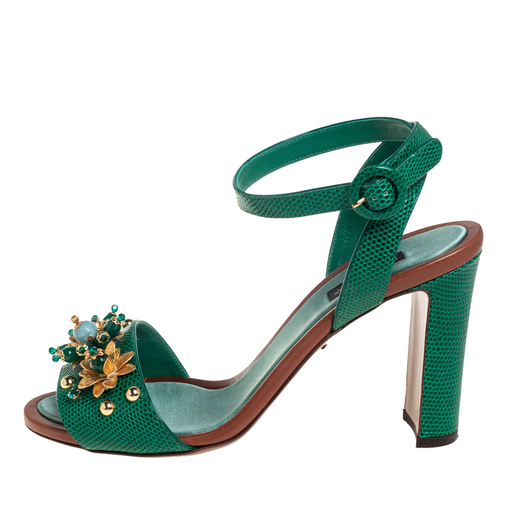 

Dolce & Gabbana Green Lizard Embossed Leather Embellished Ankle Strap Sandals Size