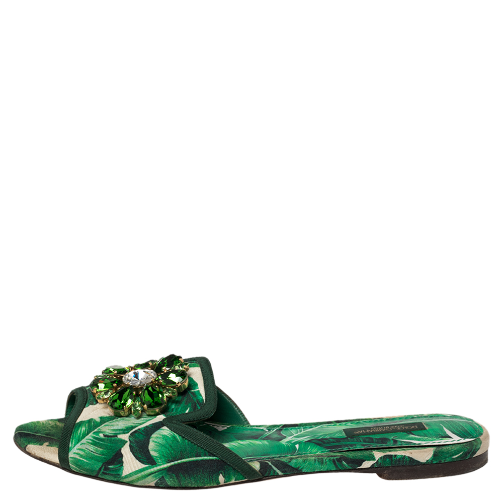 

Dolce & Gabbana Green/White Banana Leaf-Print Fabric Crystal Embellished Flat Sandals Size