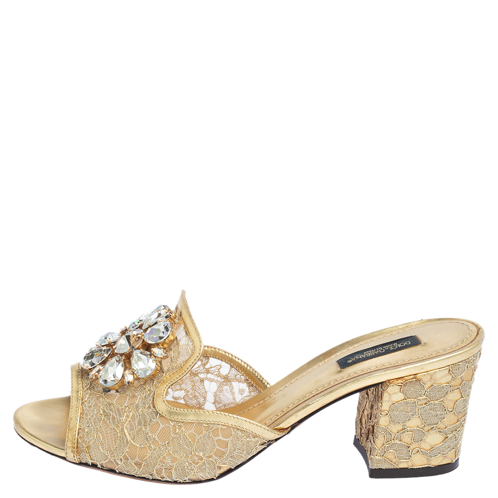 

Dolce & Gabbana Metallic Gold Lace And Leather Crystal Embellished Block Heel Slide Sandals Size