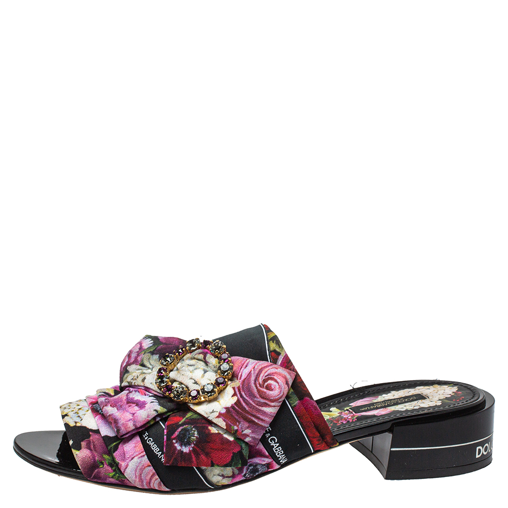 

Dolce & Gabbana Multicolor Floral Printed Fabric Crystal Embellished Bow Open Toe Flat Mules Size