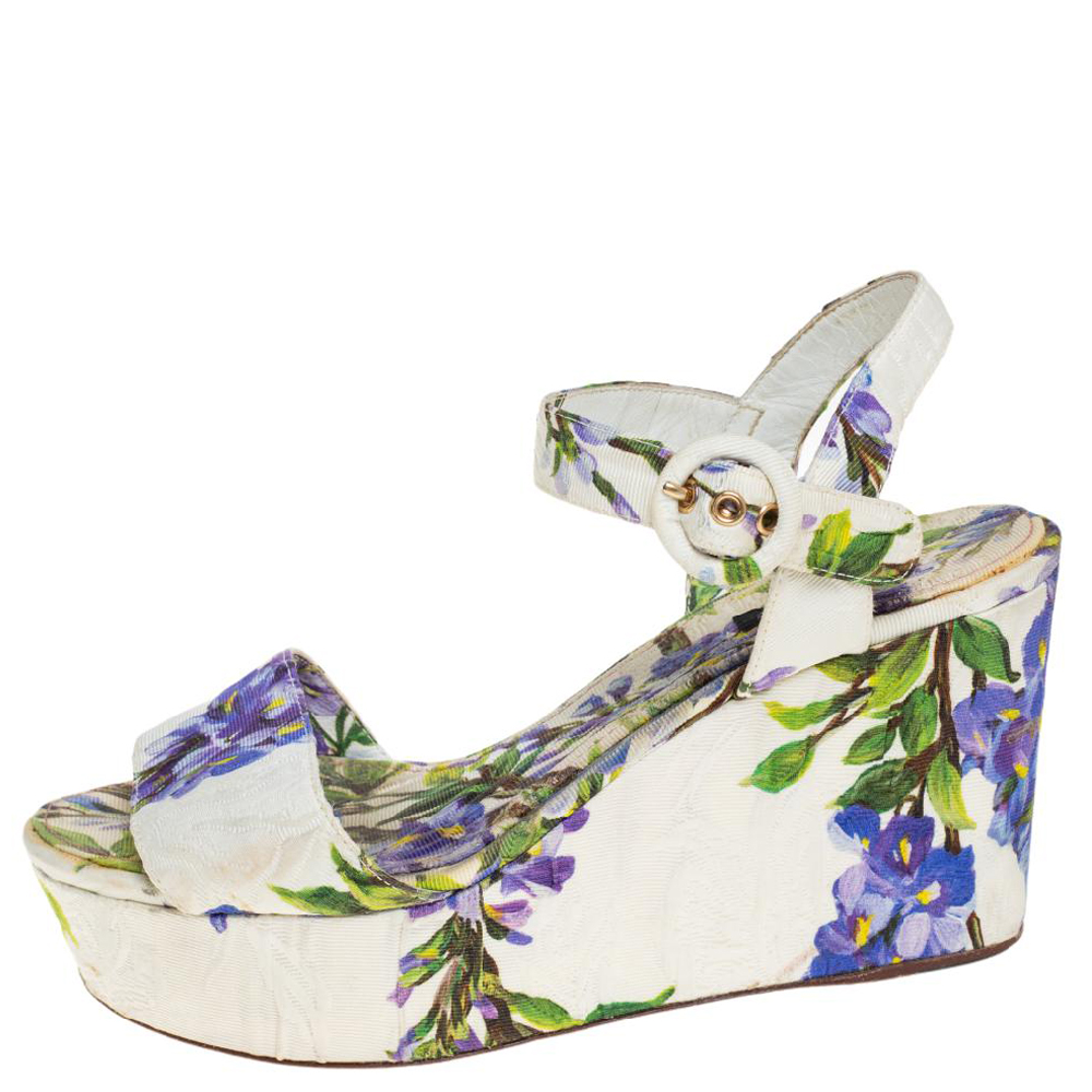 

Dolce & Gabbana White Floral Print Canvas Ankle Strap Wedge Sandals Size