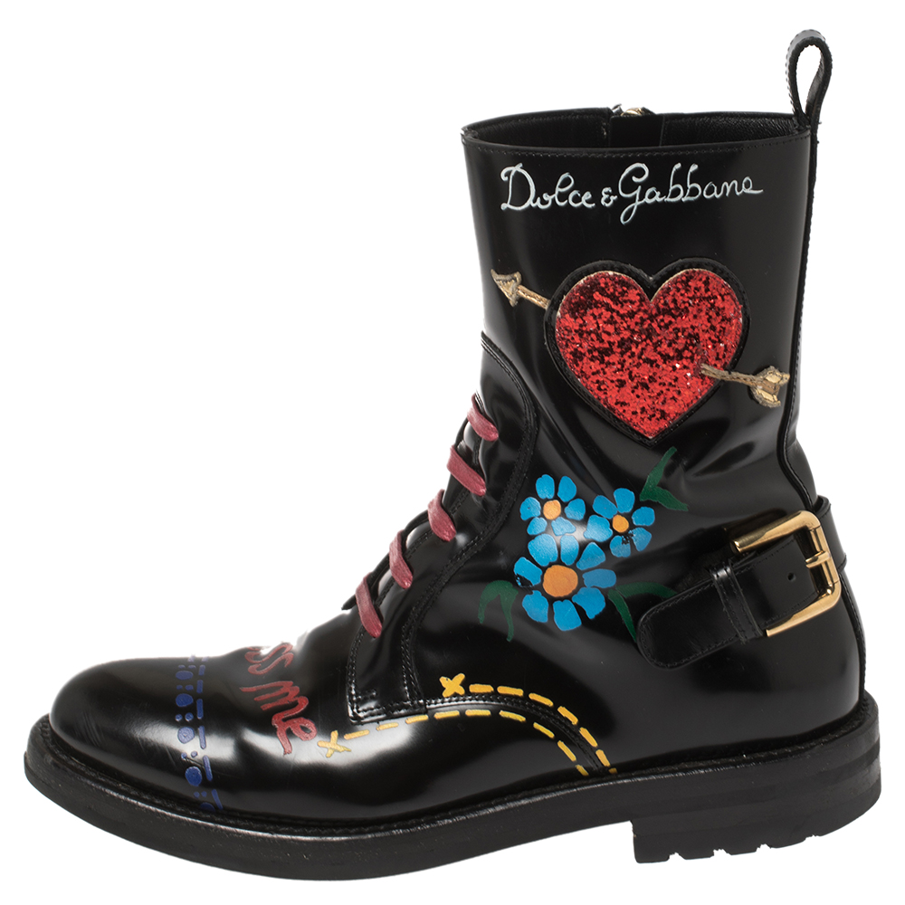 

Dolce & Gabbana Black/Red Leather And Glitter Heart Kiss Me Ankle Boots Size