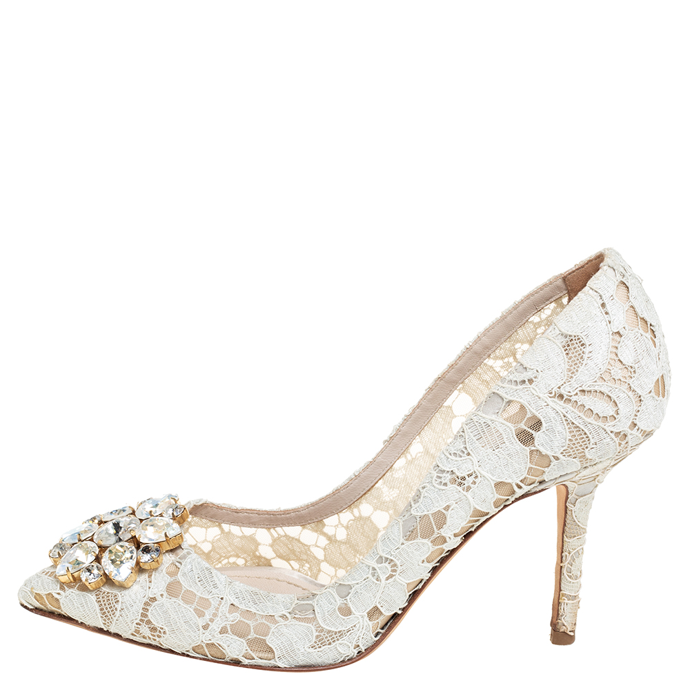 

Dolce & Gabbana White Lace Bellucci Crystal Embellished Pumps Size