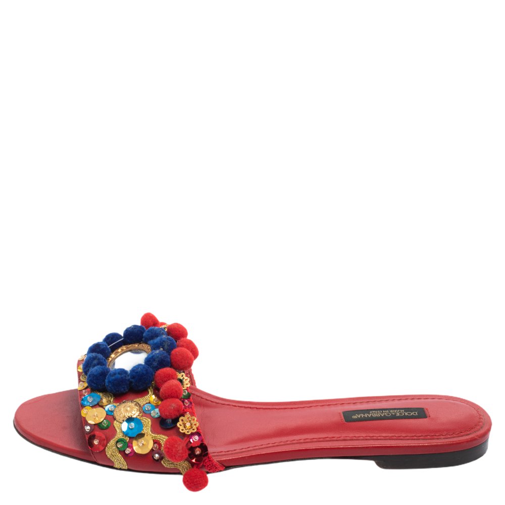 

Dolce & Gabbana Red Leather Pom Pom And Mirror Embellished Flat Sandals Size