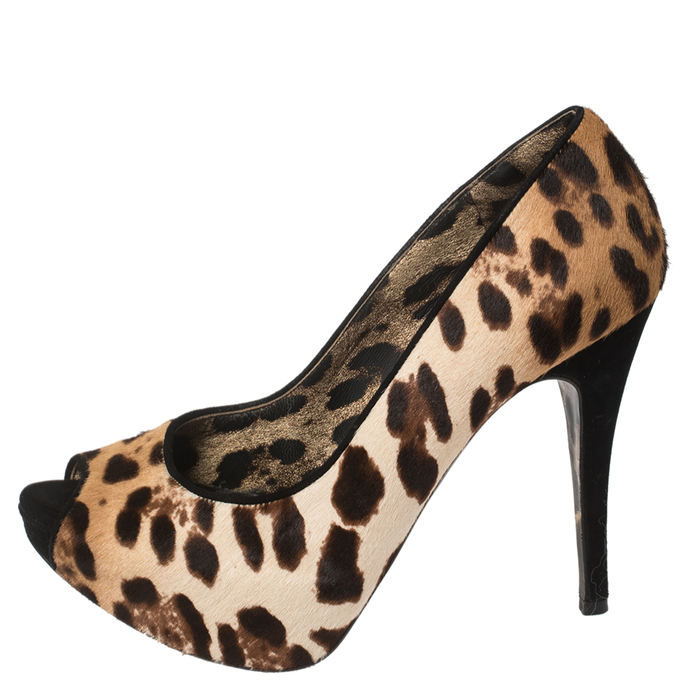 

Dolce & Gabbana Leopard Print Pony Hair And Suede Peep Toe Platform Pumps Size, Brown