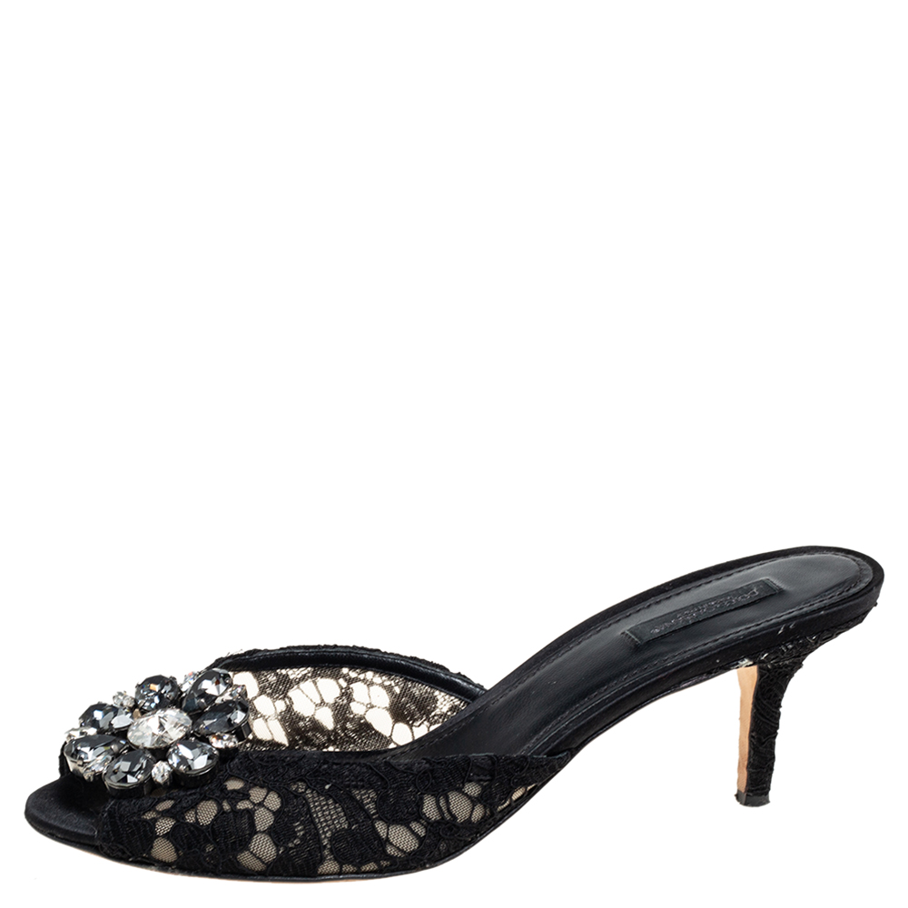 

Dolce & Gabbana Black Lace Keria Crystal Embellished Slide Sandals Size