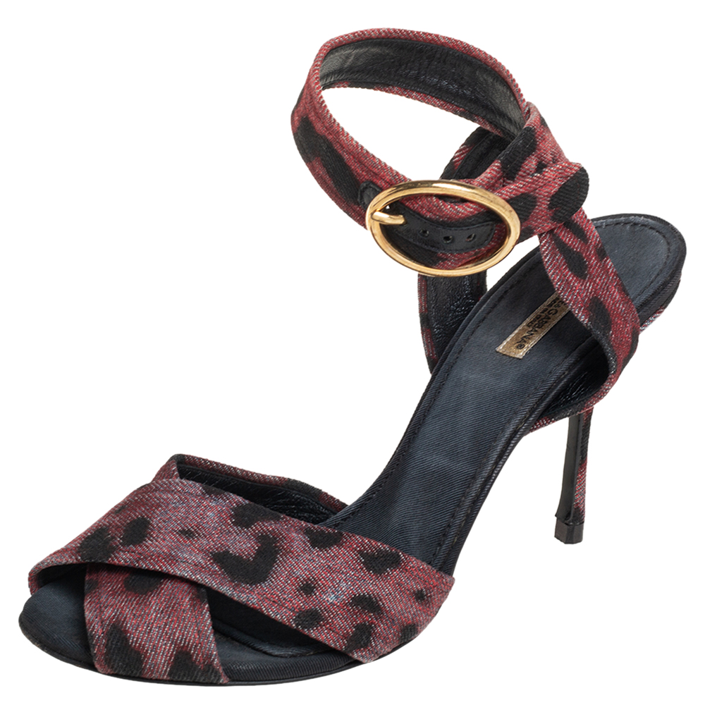 

Dolce & Gabbana Multicolor Leopard Print Fabric Cross Detail Ankle Strap Sandals Size