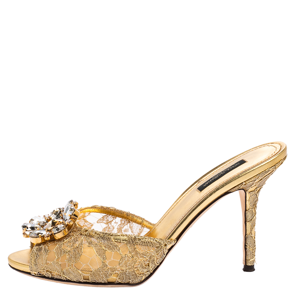 

Dolce & Gabbana Gold Lace And Satin Sequin Keira Sandals Size