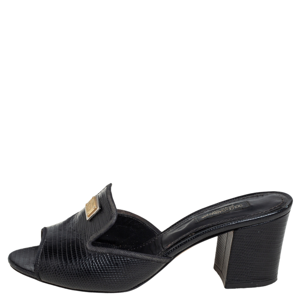 

Dolce & Gabbana Black Lizard Embossed Leather Slide Sandals Size
