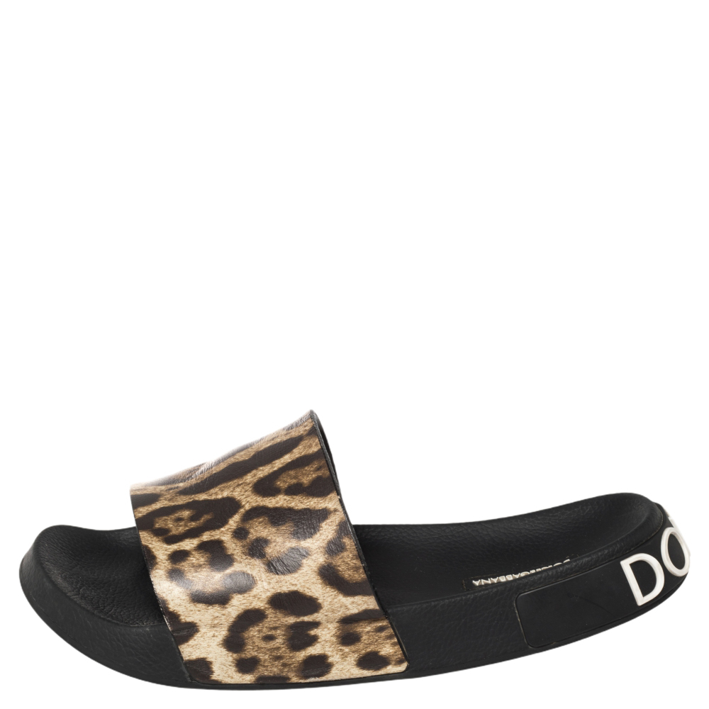 

Dolce & Gabbana Brown/Beige Leopard Print Leather Flat Slides Size