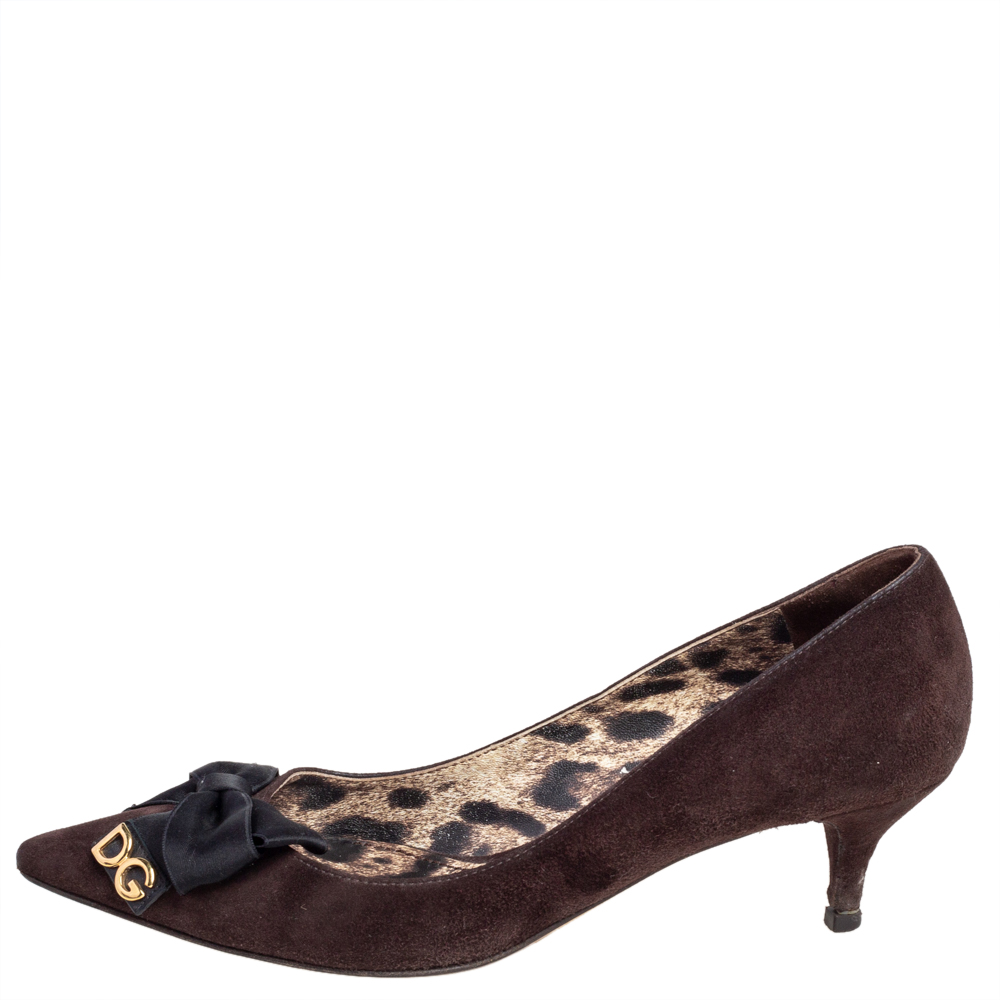 

Dolce & Gabbana Brown Suede Kitten Heel Bow Pumps Size