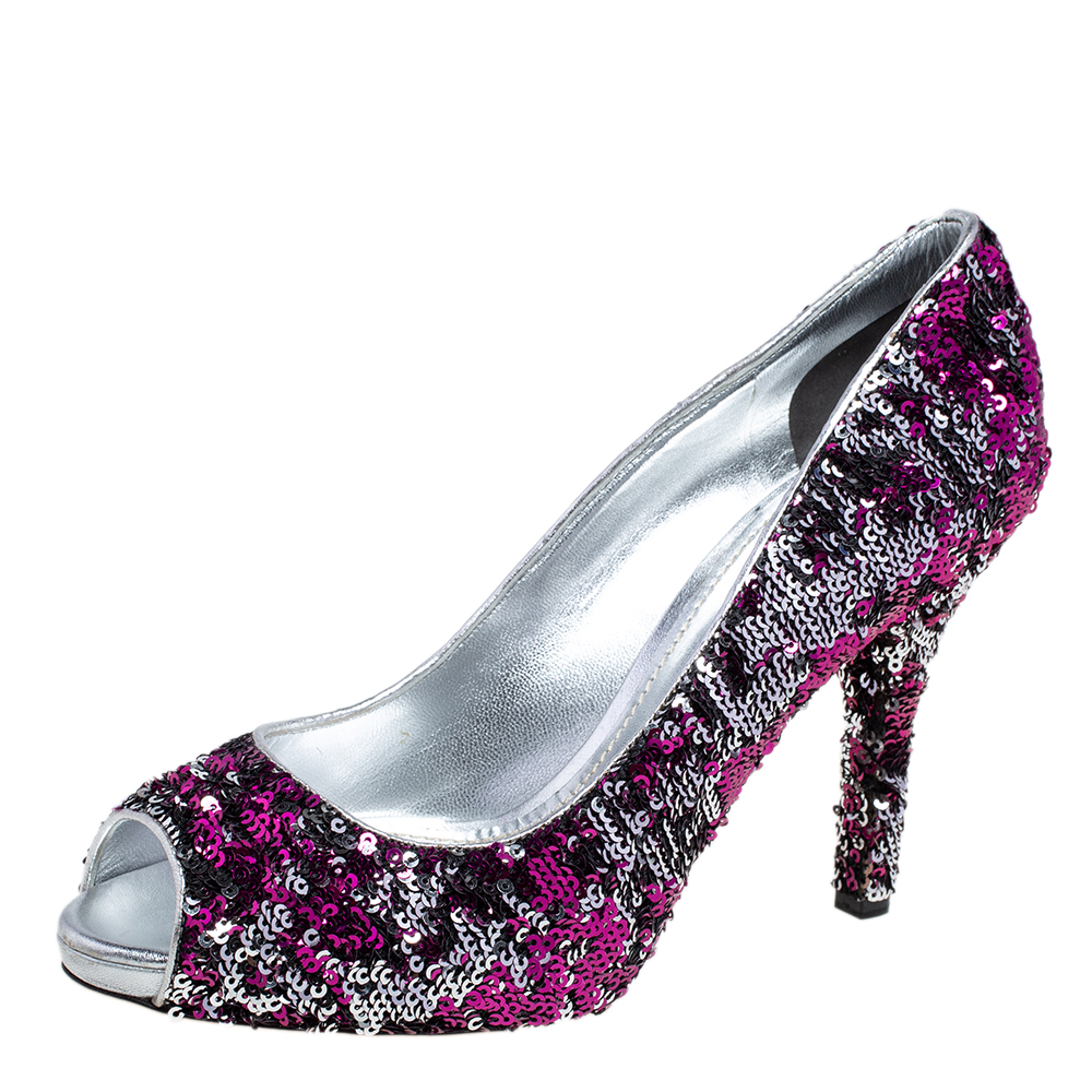 

Dolce & Gabbana Pink/Silver Sequins Peep Toe Pumps Size