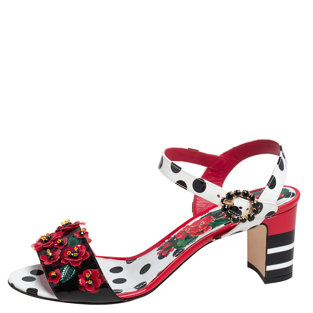 

Dolce & Gabbana Multicolor Polka Dot Patent Leather Floral Embellished Ankle Strap Open Toe Sandals Size