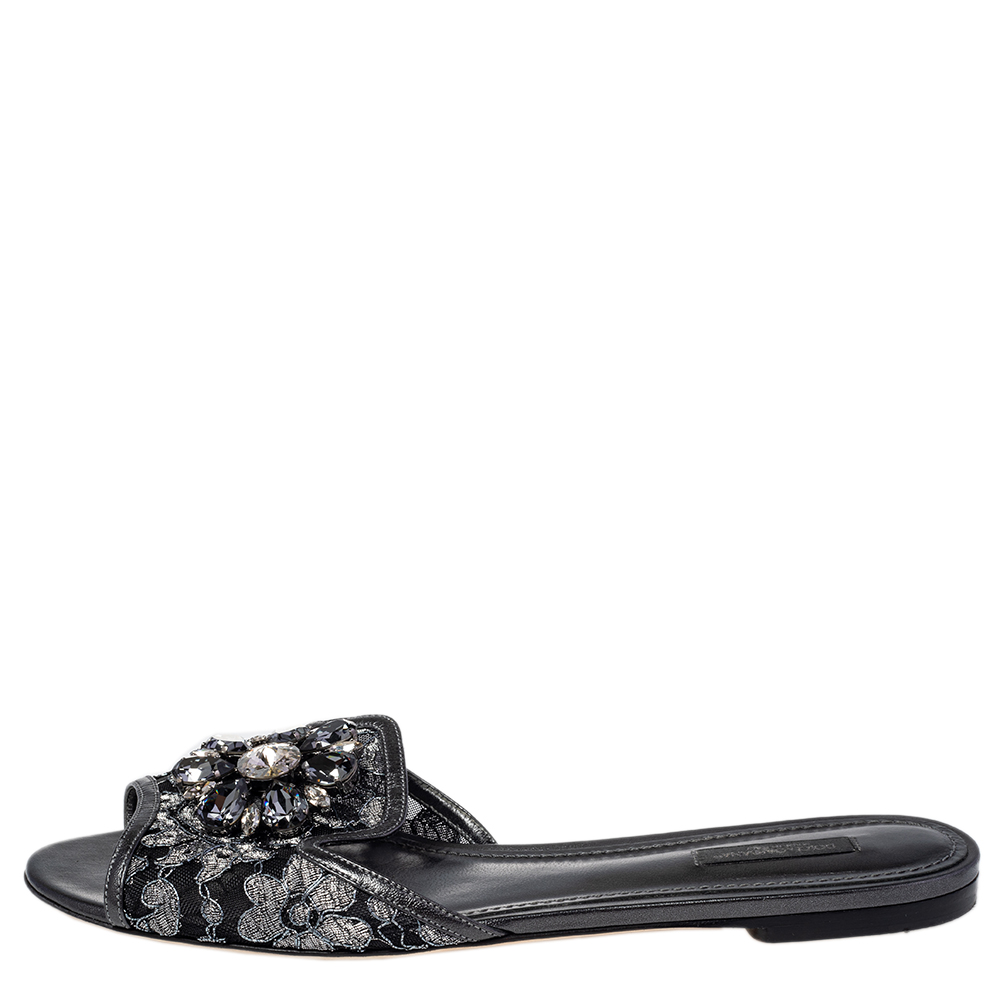 

Dolce & Gabbana Metallic Grey Lace Sofia Flats Size