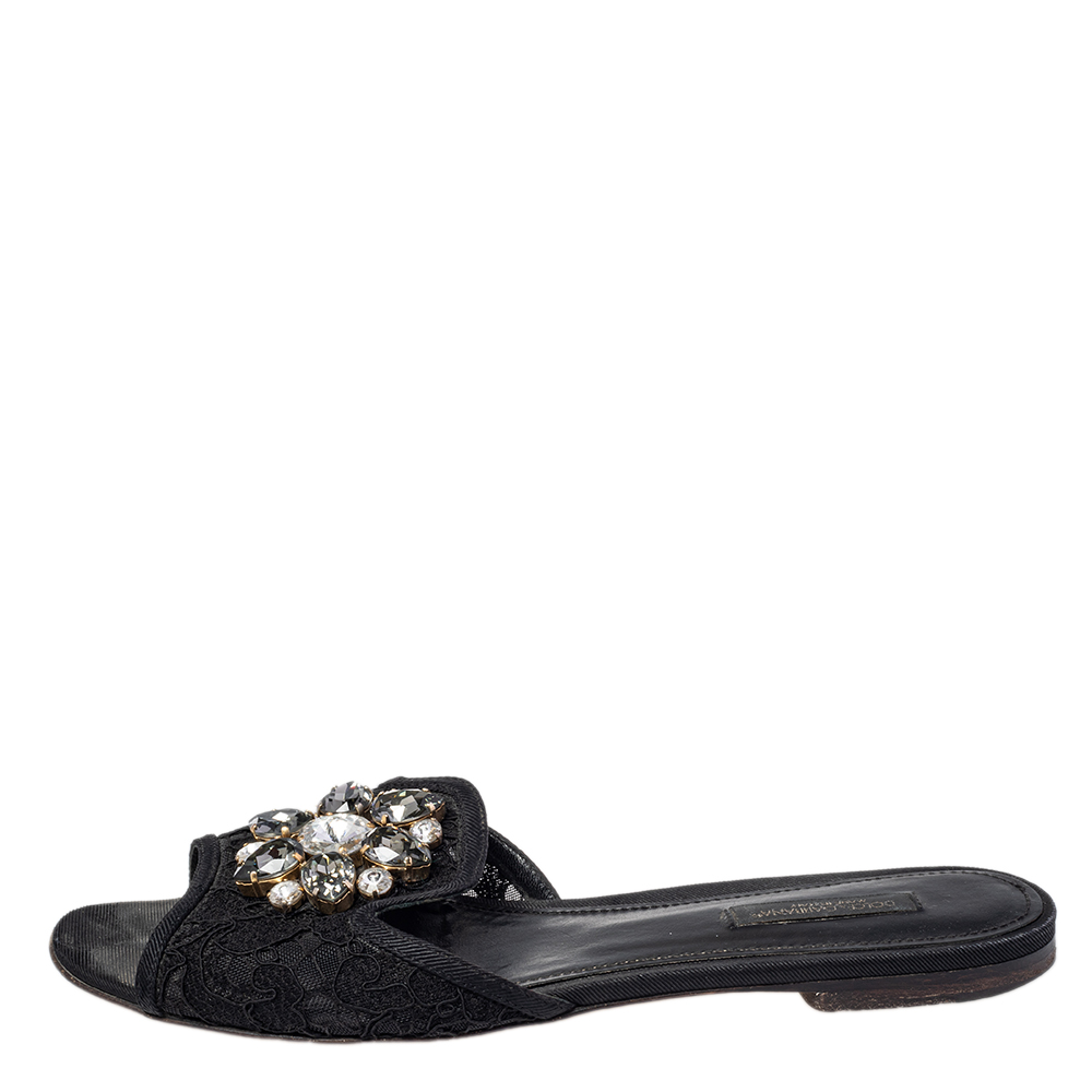 

Dolce & Gabbana Black Lace Bianca Crystal Embellished Slide Flats Size