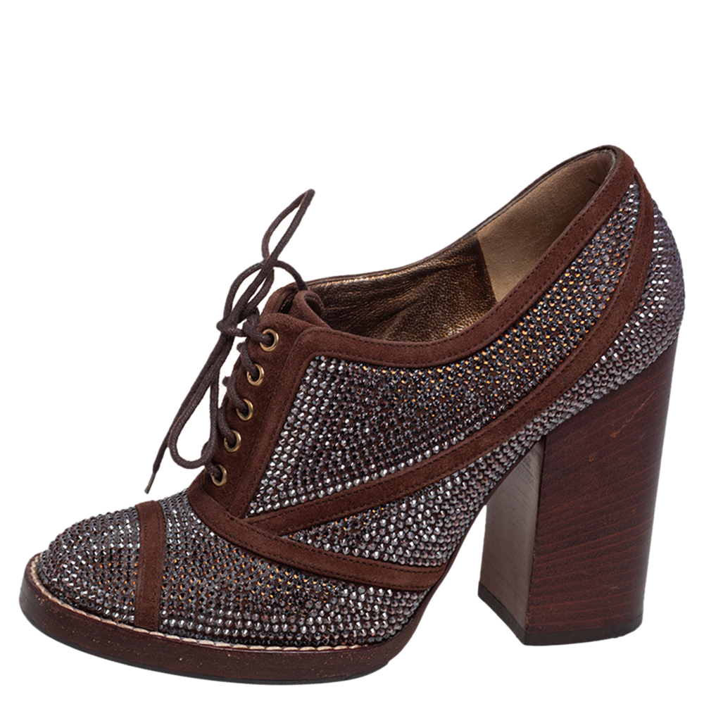 

Dolce & Gabbana Brown Suede Crystal Embellished Block Heel Ankle Lace Boots Size