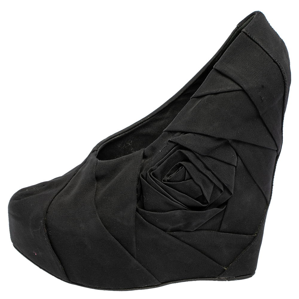 

Dolce & Gabbana Black Pleated Fabric Floral Detail Wedge Platform Pumps Size