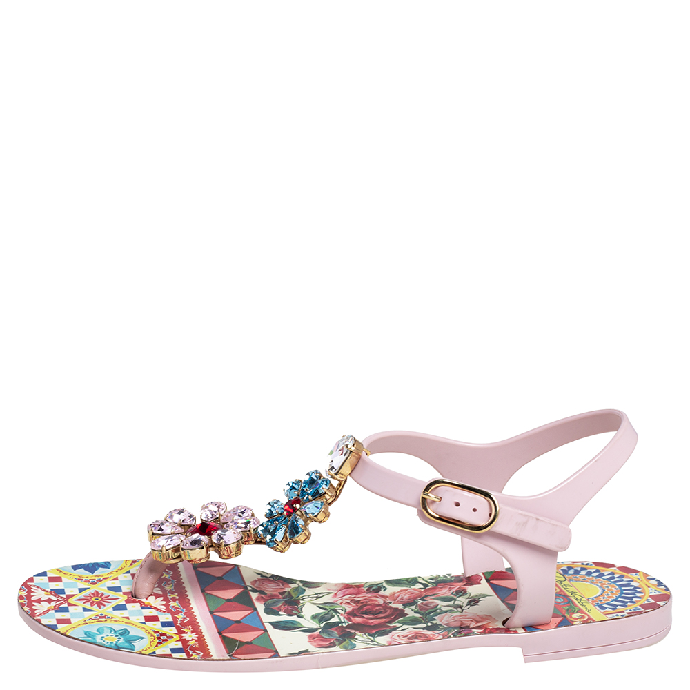 

Dolce & Gabbana Multicolor Carretto Con Roses Print Jelly Crystal Embellished Ankle Strap Flat Sandals Size