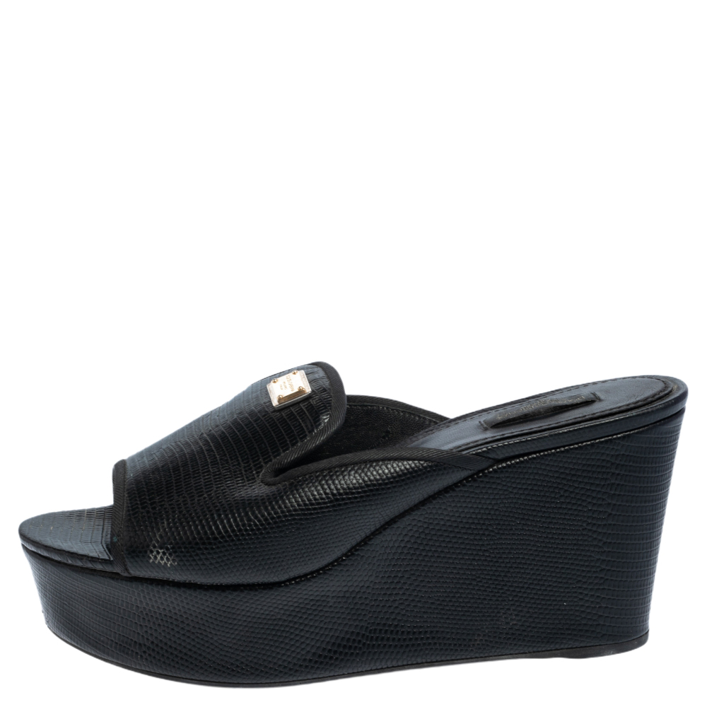 

Dolce & Gabbana Black Lizard Embossed Leather Wedge Sandals Size
