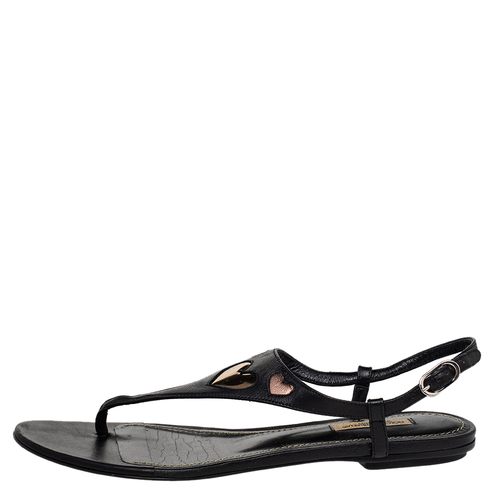 

Dolce & Gabbana Black Leather T Strap Flat Sandals Size