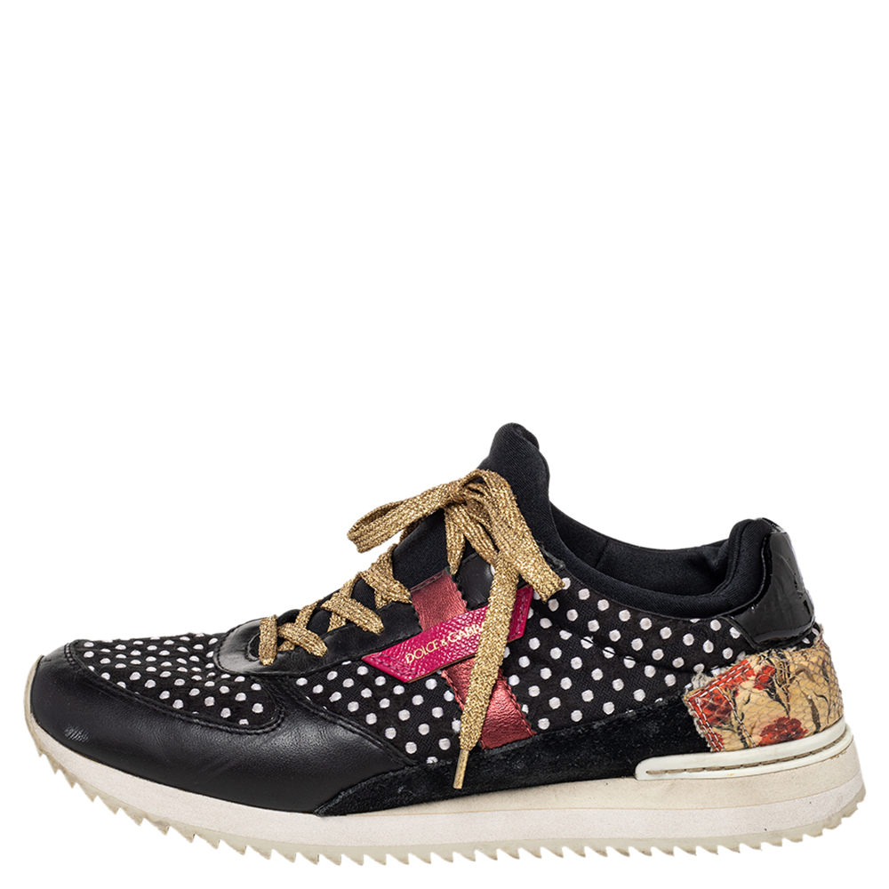 

Dolce & Gabbana Black/White Leather/Python/Suede And Polka Dot Fabric Low Top Sneakers Size
