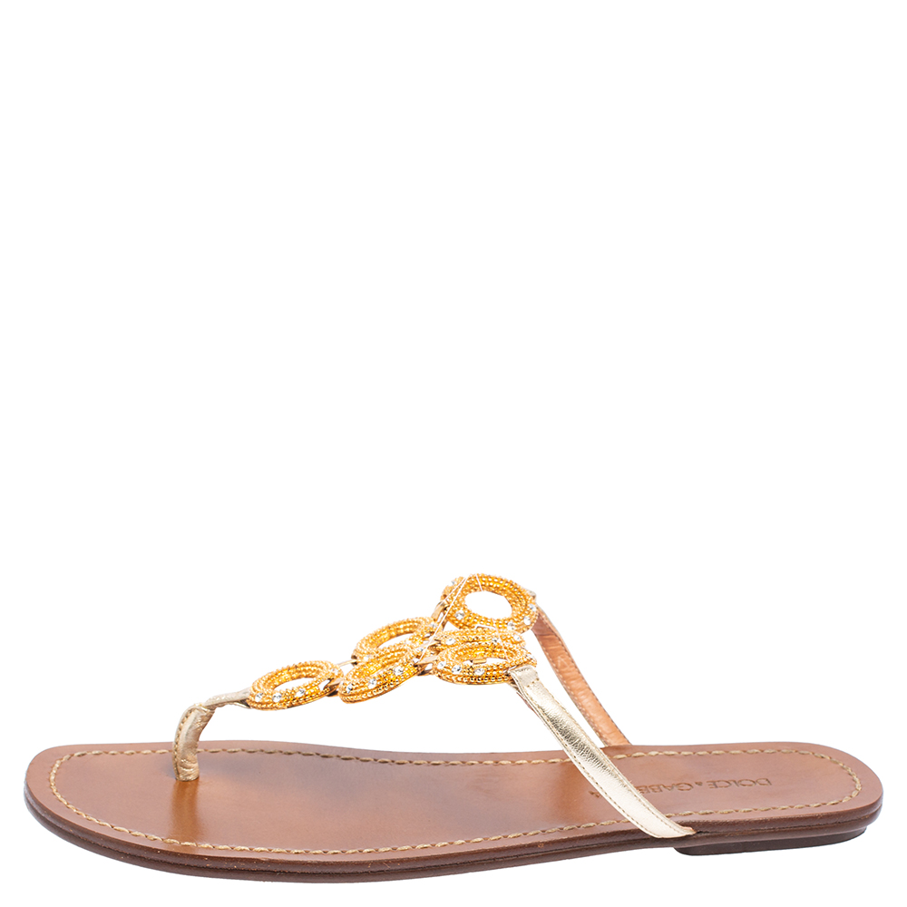 

Dolce & Gabbana Gold Leather Crystal Embellished Thong Sandals Size
