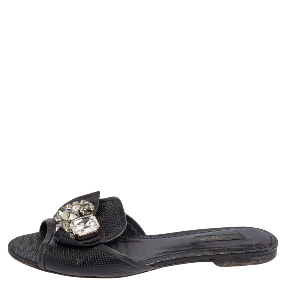 

Dolce & Gabbana Black Lizard Embossed Leather Crystal Embellished Bow Flat Slides Size