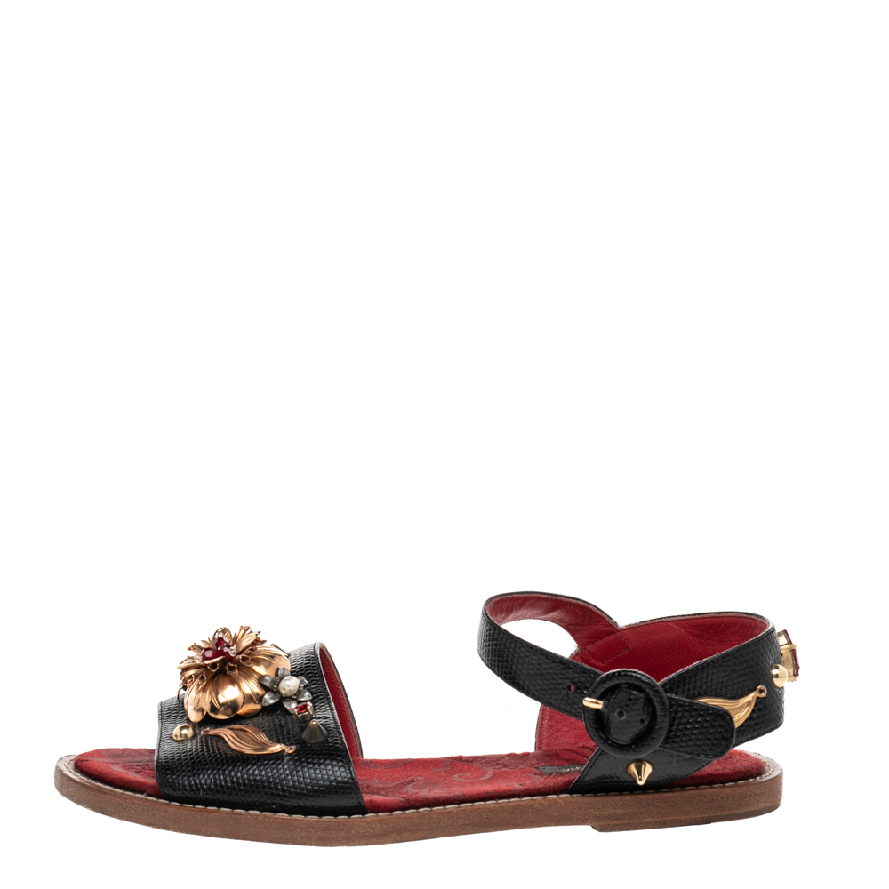 

Dolce & Gabbana Lizard Embossed Leather Embellished Ankle Strap Flat Sandals Size, Black