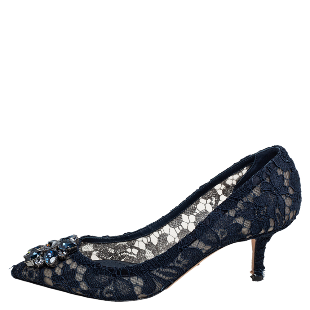 

Dolce & Gabbana Blue Lace Bellucci Crystal Embellished Pointed Toe Pumps Size