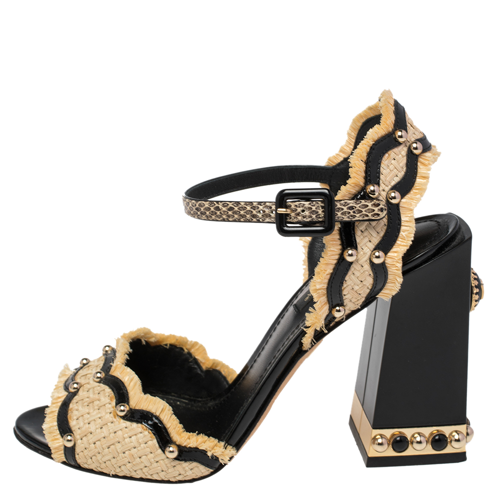 

Dolce & Gabbana Black/Cream Raffia, Patent Leather and Snakeskin Studded Ankle Strap Sandals Size