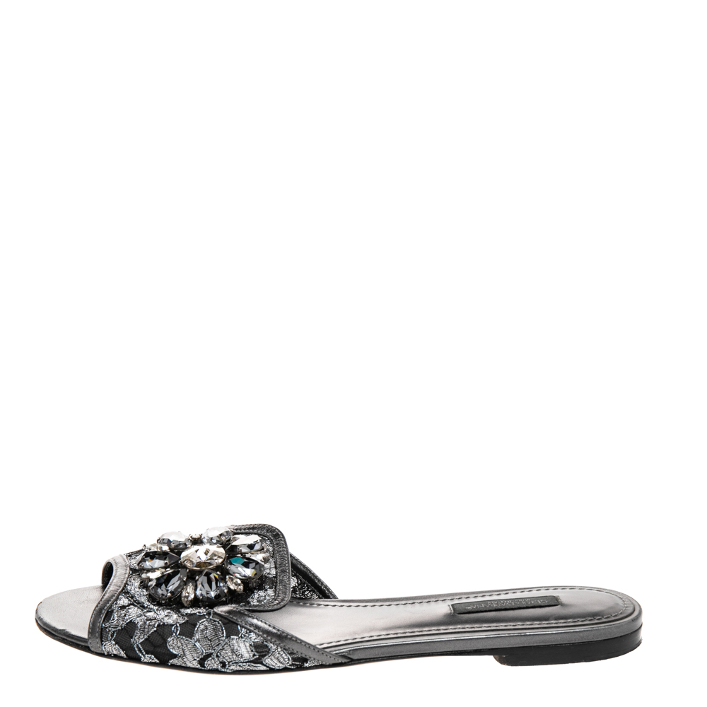 

Dolce and Gabbana Grey Lace And Leather Crystal Embellished Flats Size