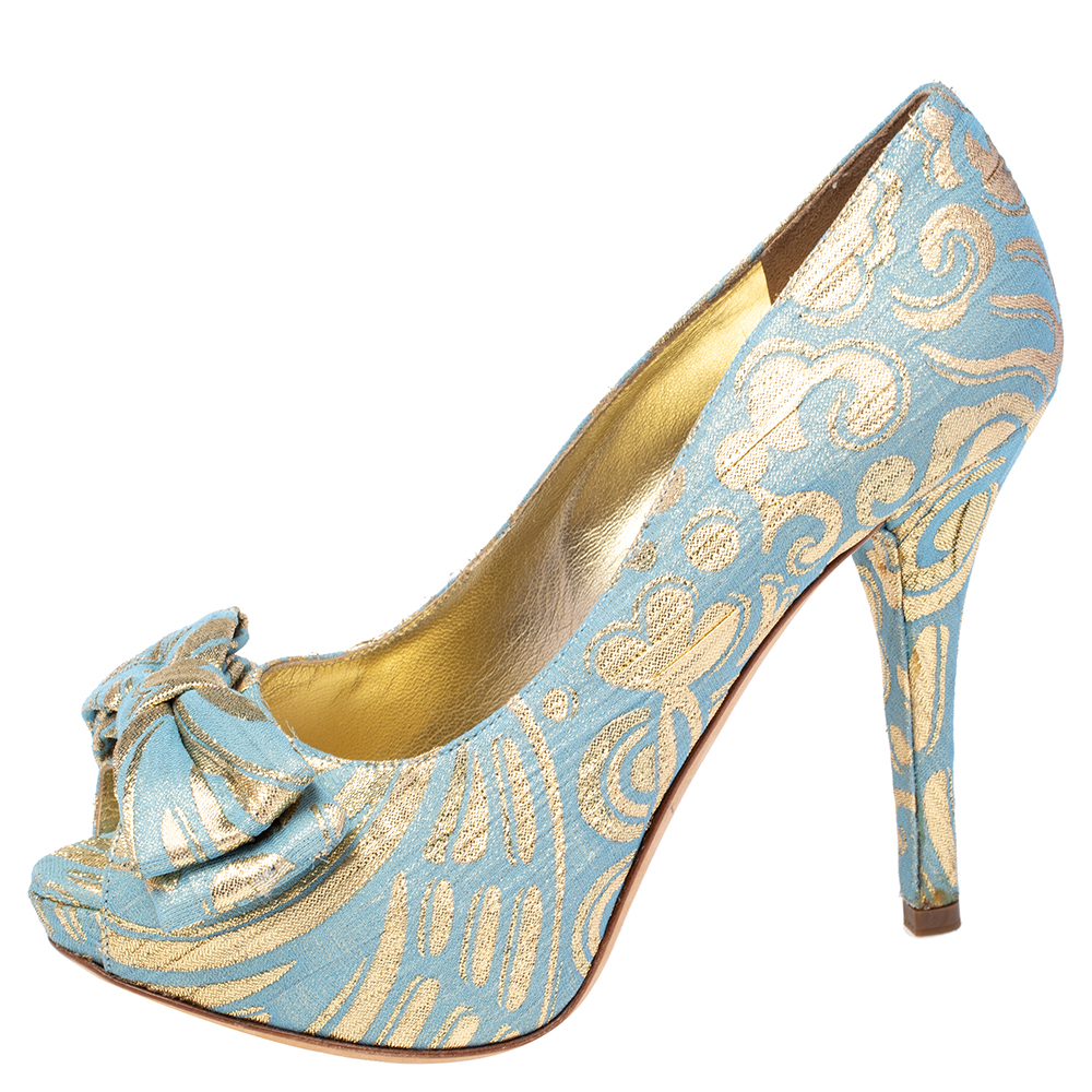 

Dolce & Gabbana Brocade Fabric Bow Peep Toe Platform Pumps Size, Blue