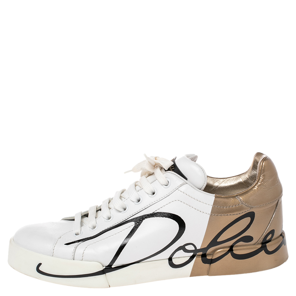 

Dolce & Gabbana White/Gold Leather Portofino Low Top Sneakers Size