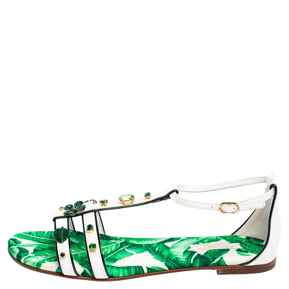 

Dolce & Gabbana Green/White Patent Leather And Banana Leaf-Print Embellished Flat Ankle Strap Sandals Size
