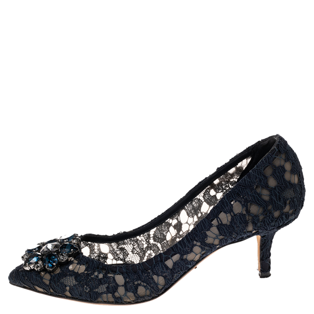 

Dolce & Gabbana Navy Blue Lace Bellucci Pumps Size