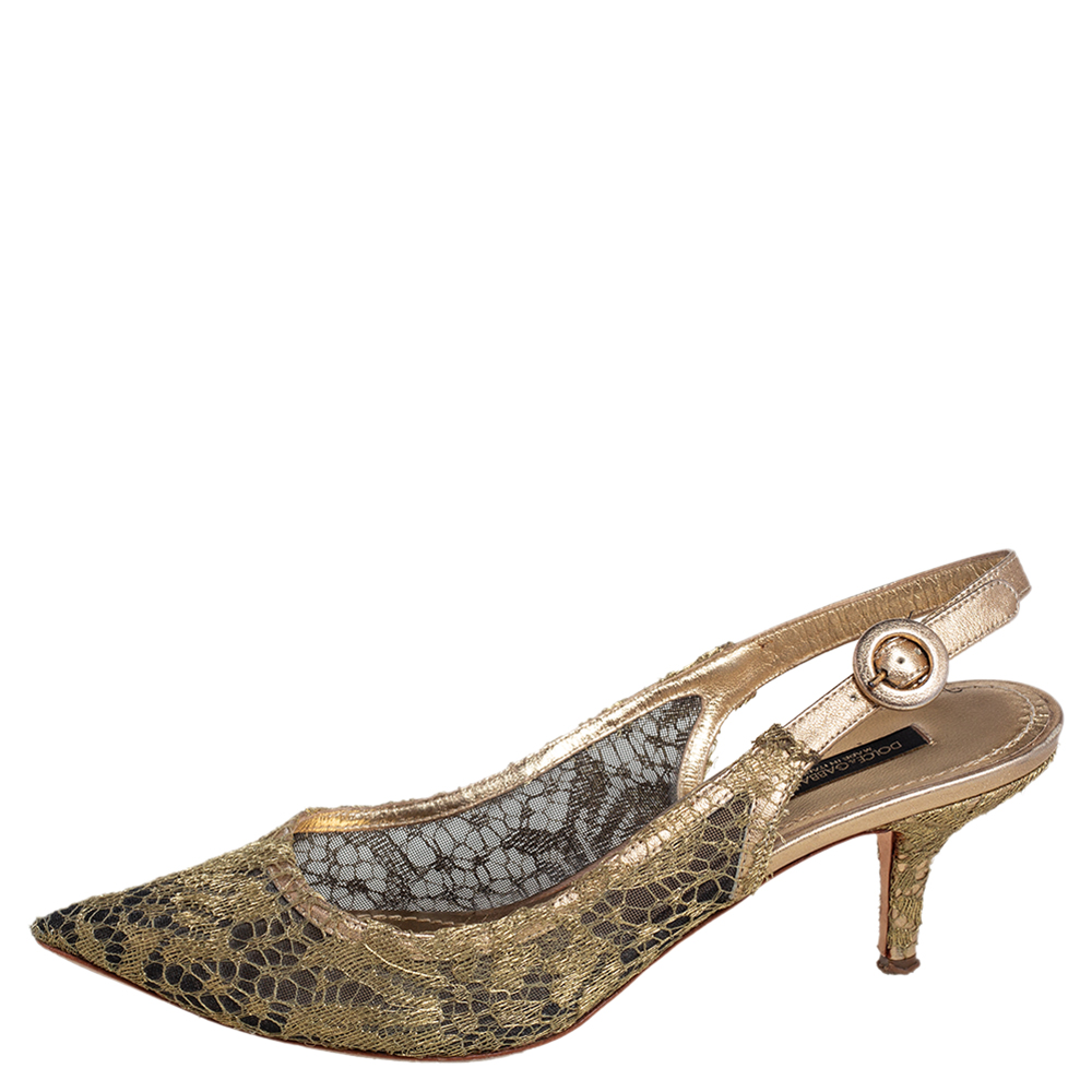 

Dolce & Gabbana Gold Chantilly Lace & Leather Bellucci Slingback Pointed Toe Pumps Size