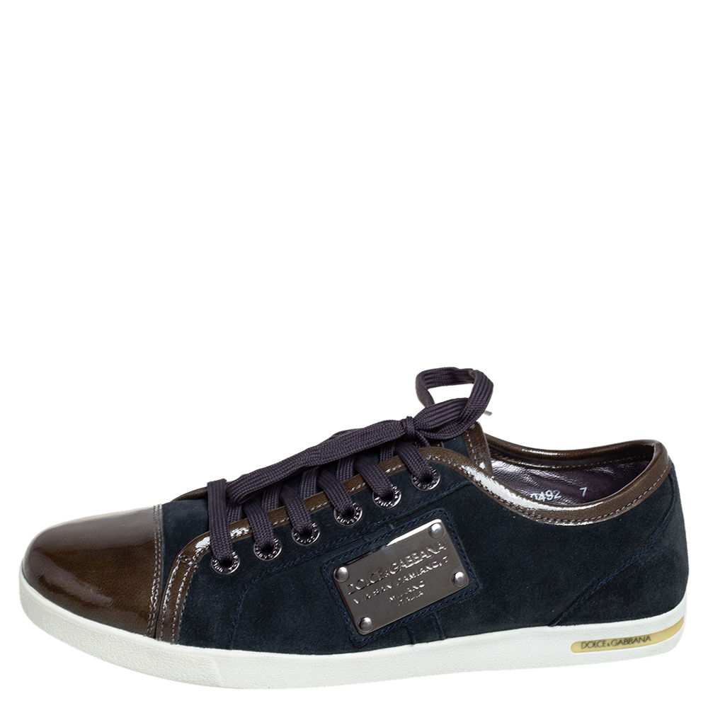 

Dolce & Gabbana Navy Blue/Green Suede and Patent Leather Logo Plague Low Top Sneakers Size