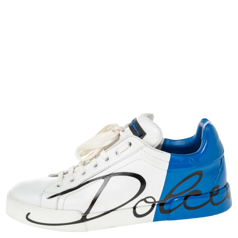 

Dolce & Gabbana White/Blue Leather Portofino Sneakers Size