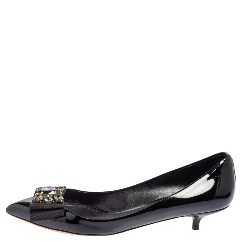 

Dolce & Gabbana Black Patent Leather Crystal Embellished Bow Pointed Toe Kitten Heel Pumps Size