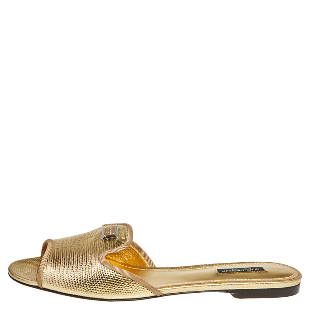 

Dolce & Gabbana Gold Lizard Embossed Leather Sandals Size