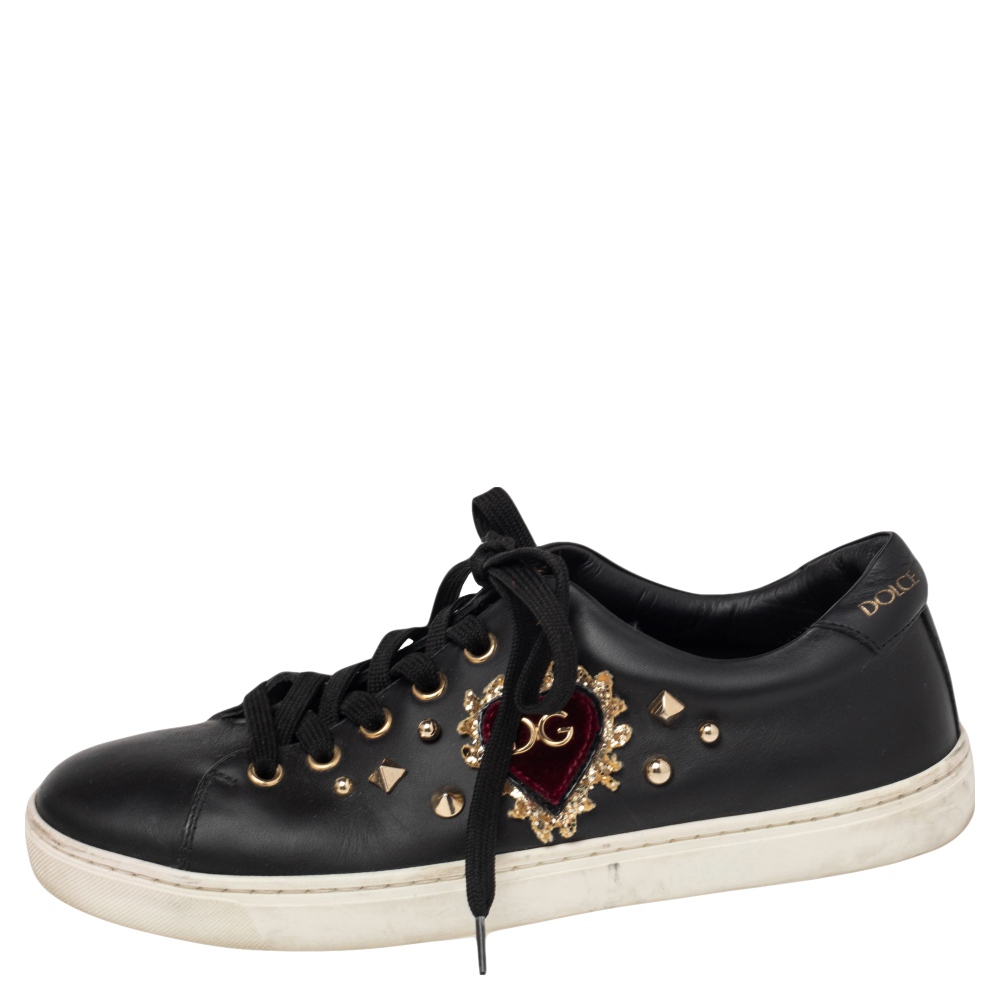 

Dolce & Gabbana Black Leather Heart Embellished Portofino Low Top Sneakers Size