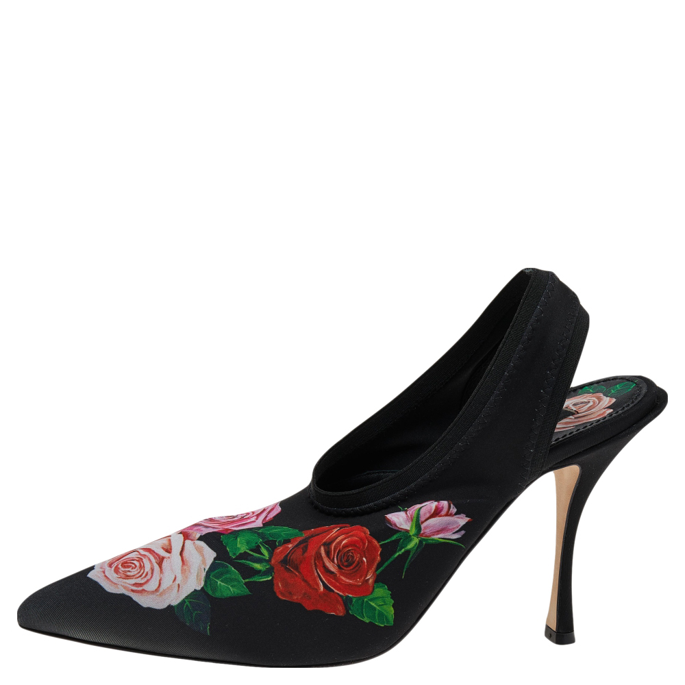 

Dolce & Gabbana Black Floral Print Jersey Slingback Sandals Size