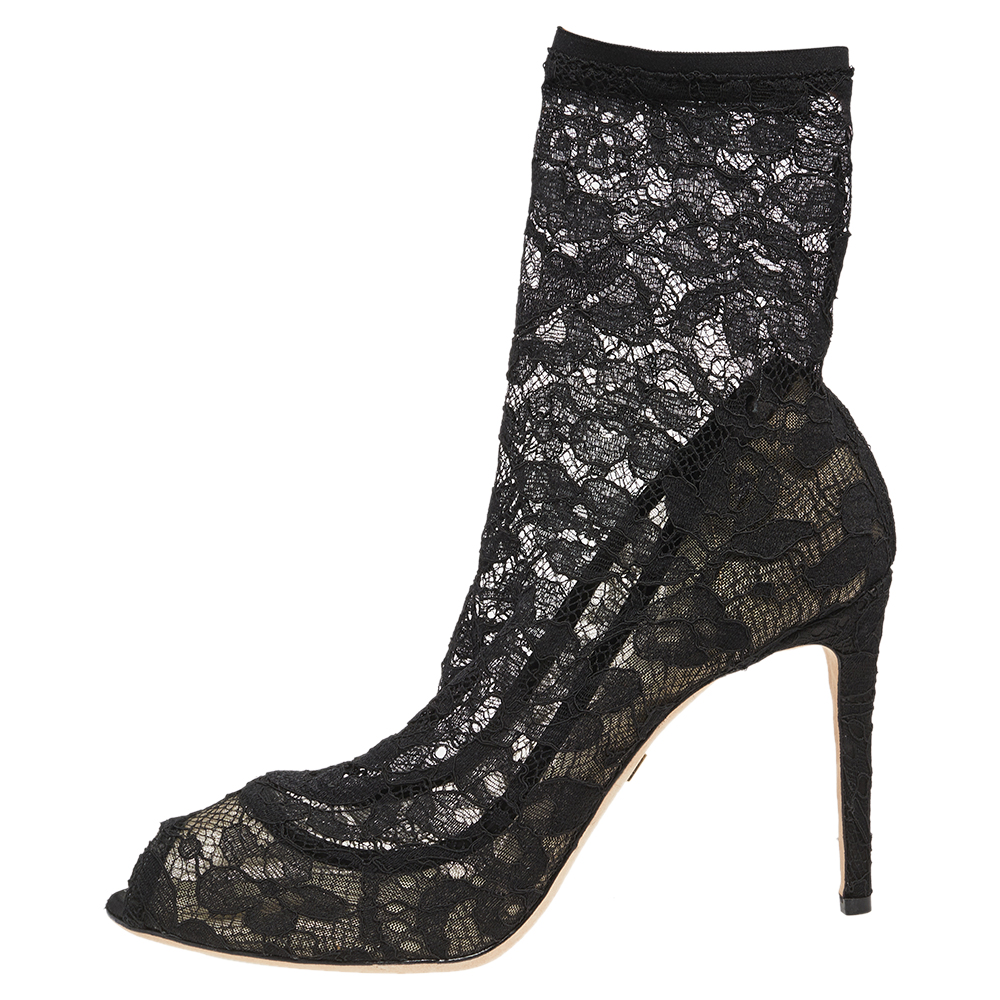 

Dolce & Gabbana Black Fabric, Lace And Mesh Stretch Peep Toe Booties Size